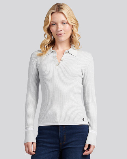 Womens Lurex® Rib Polo Knit in Pearl Grey Marl