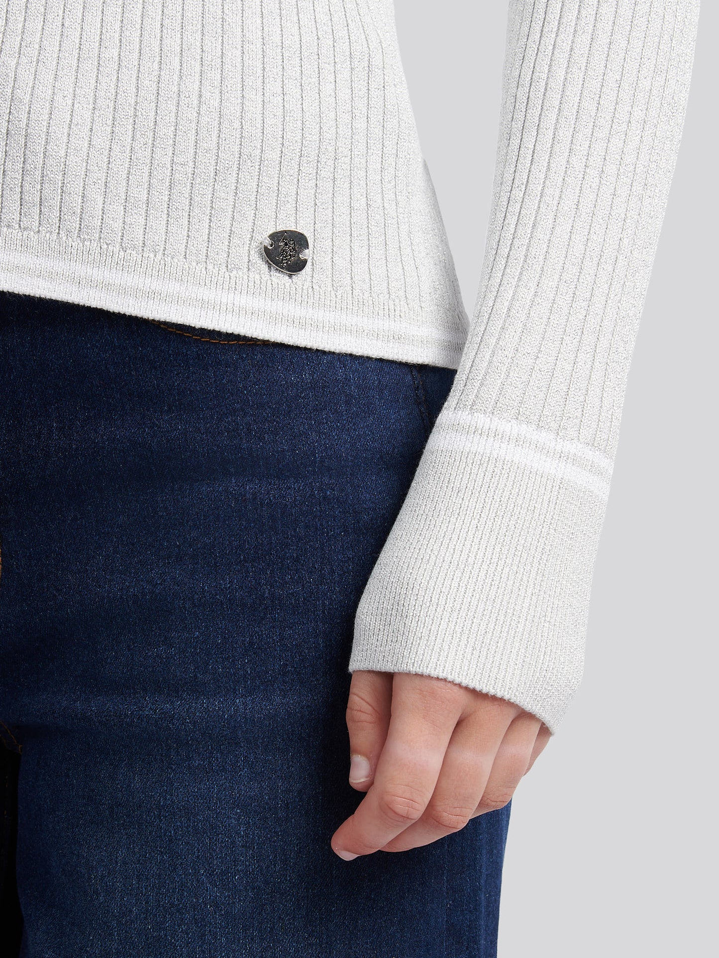 Womens Lurex® Rib Polo Knit in Pearl Grey Marl