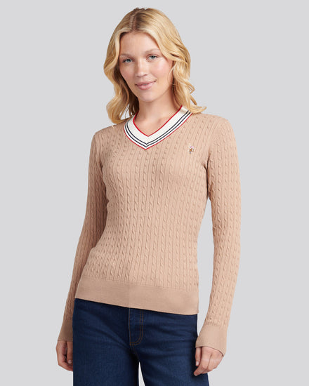 Womens Fine Cable Contrast V-Neck Jumper in Natural