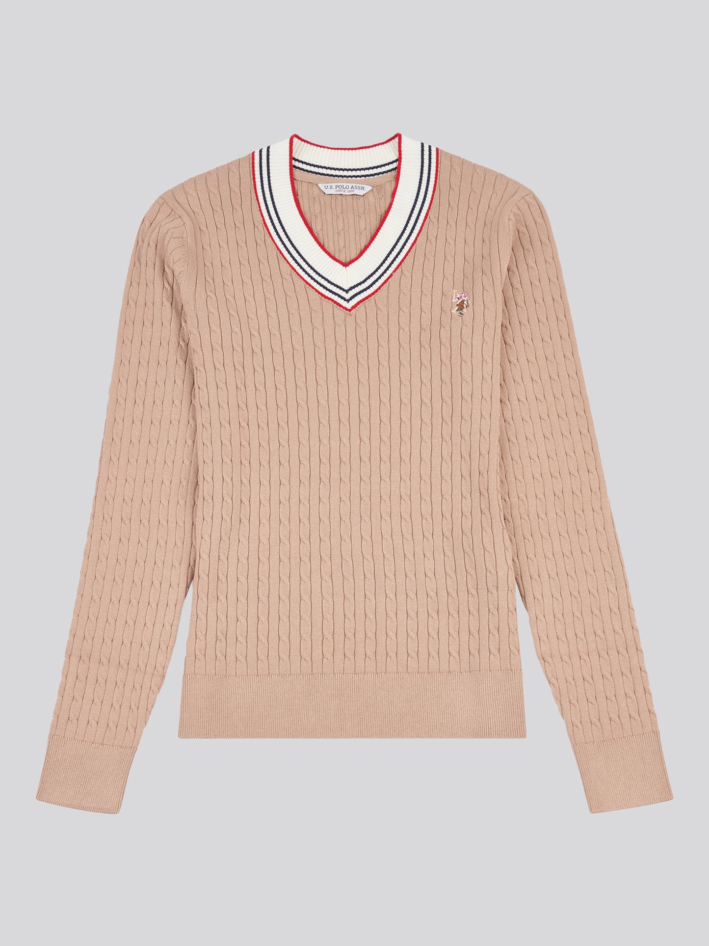 Womens Fine Cable Contrast V-Neck Jumper in Natural