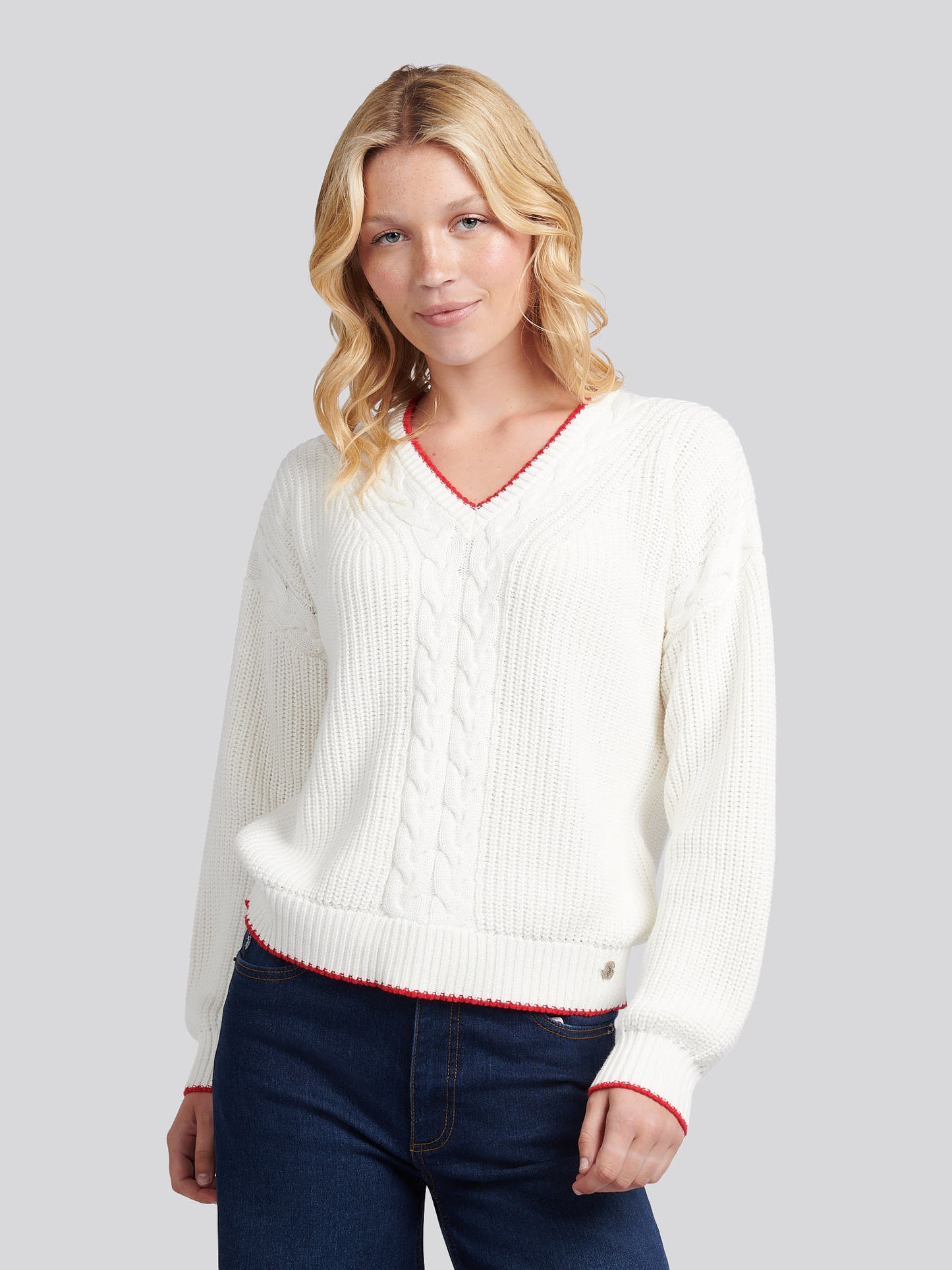 Womens Braid Cable Cricket Jumper in Marshmallow