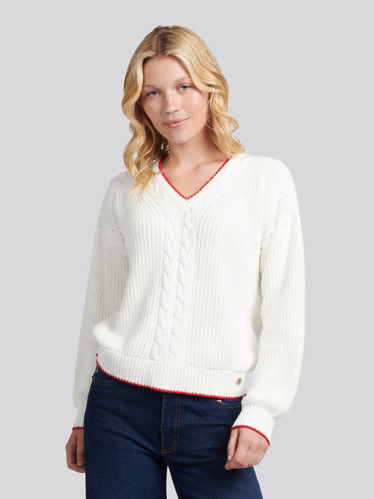 Womens Braid Cable Cricket Jumper in Marshmallow