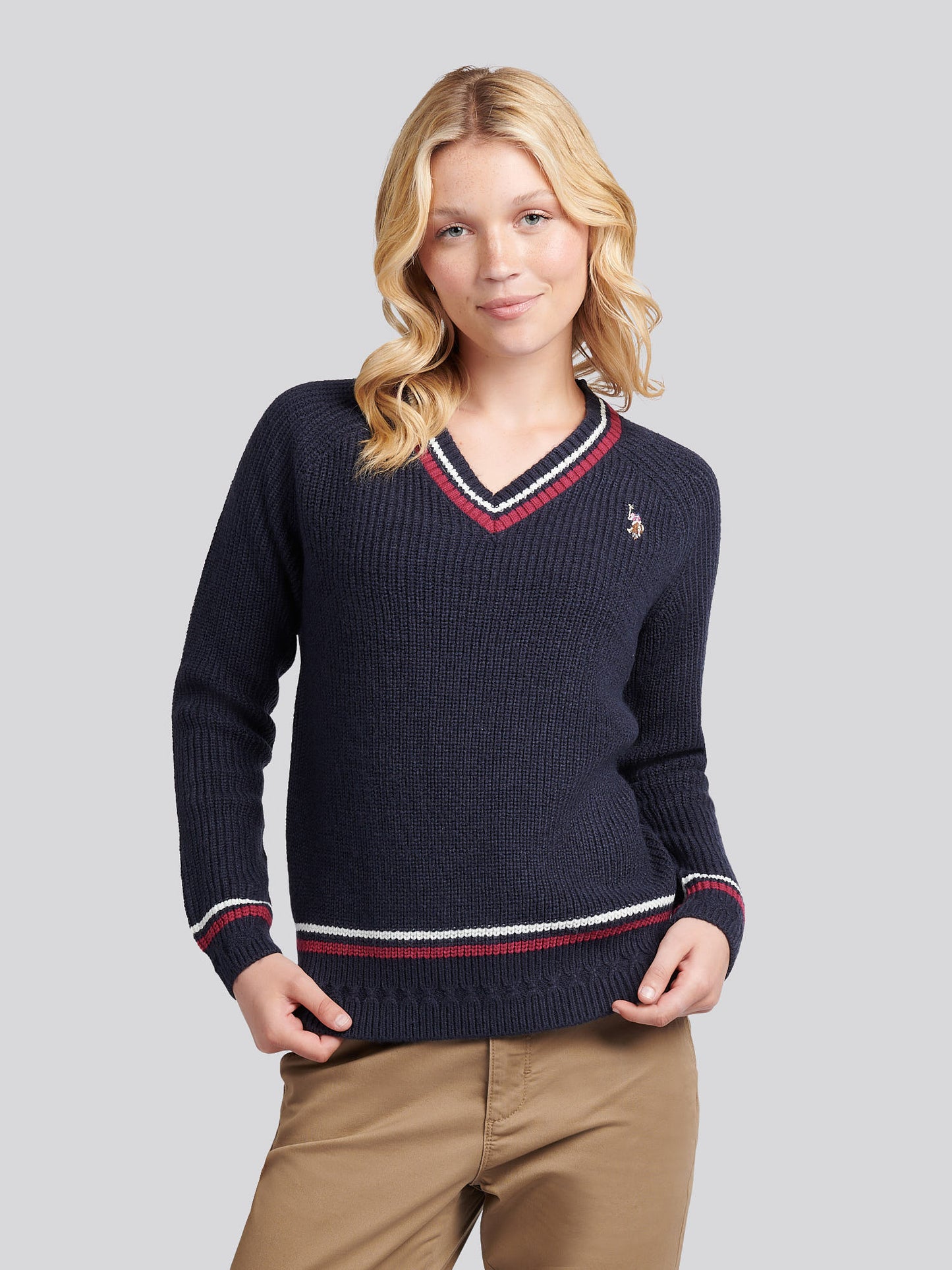 Womens Tri Stripe Tipping Cricket Jumper in Navy Iris