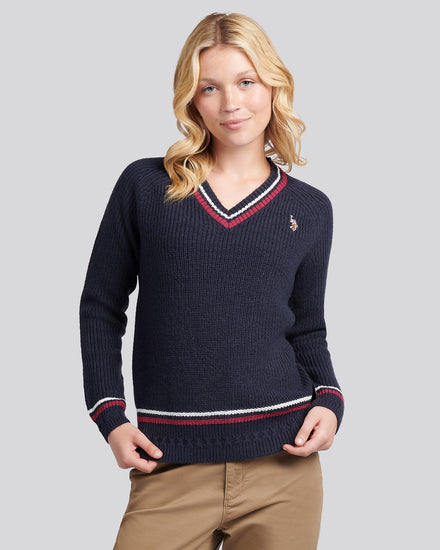 Womens Tri Stripe Tipping Cricket Jumper in Navy Iris