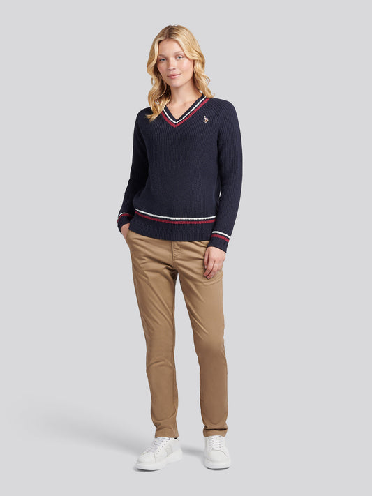 Womens Tri Stripe Tipping Cricket Jumper in Navy Iris