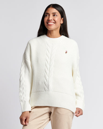 Womens Chunky Central Cable Jumper in Egret