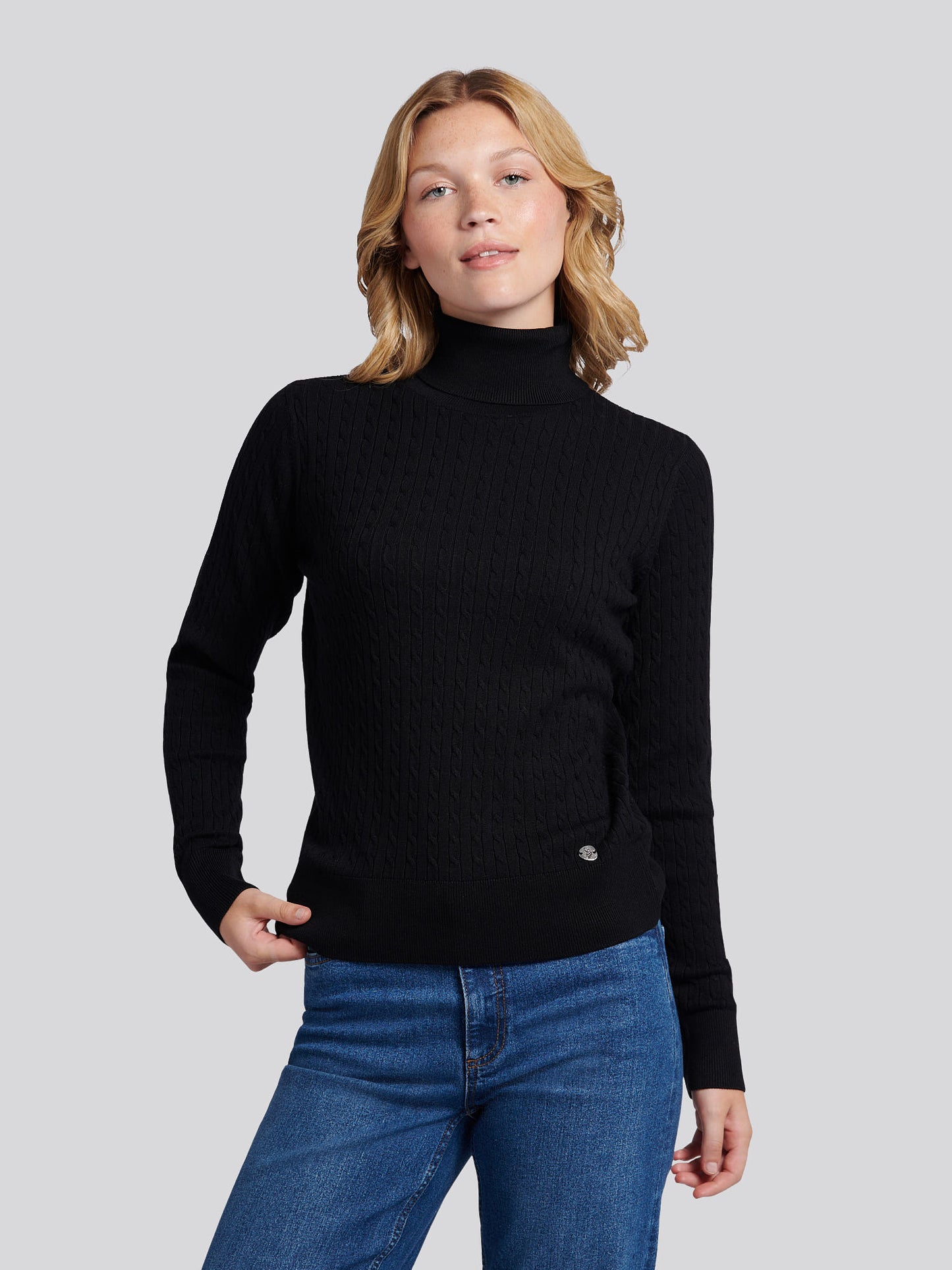 Womens Fine Cable Roll Neck Jumper in Black