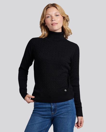 Womens Fine Cable Roll Neck Jumper in Black