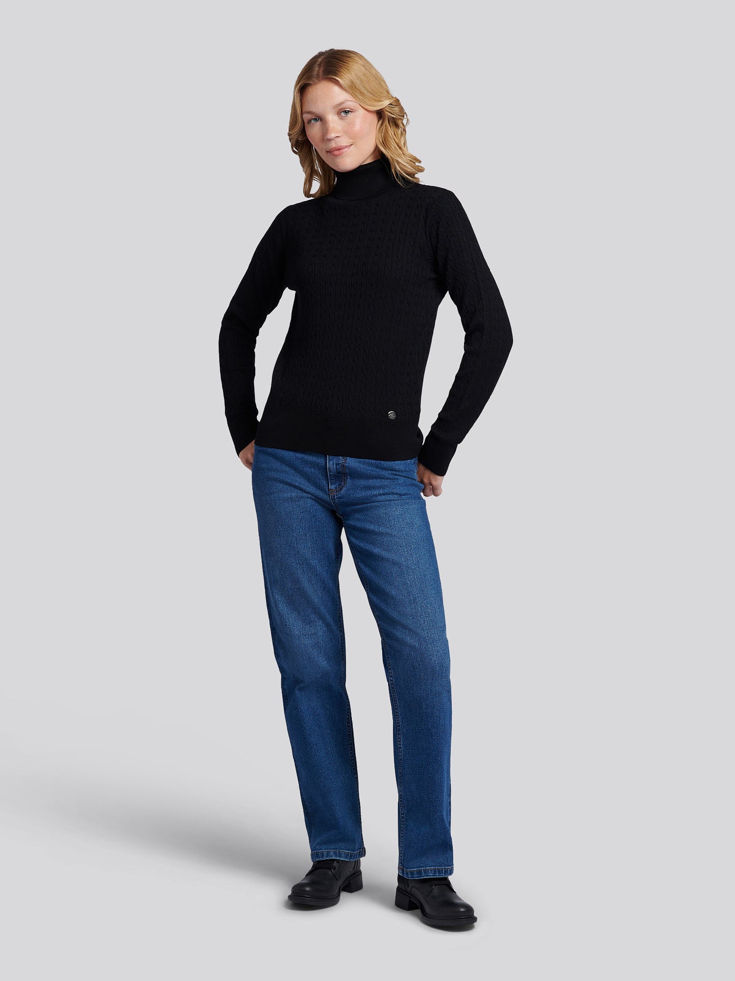 Womens Fine Cable Roll Neck Jumper in Black