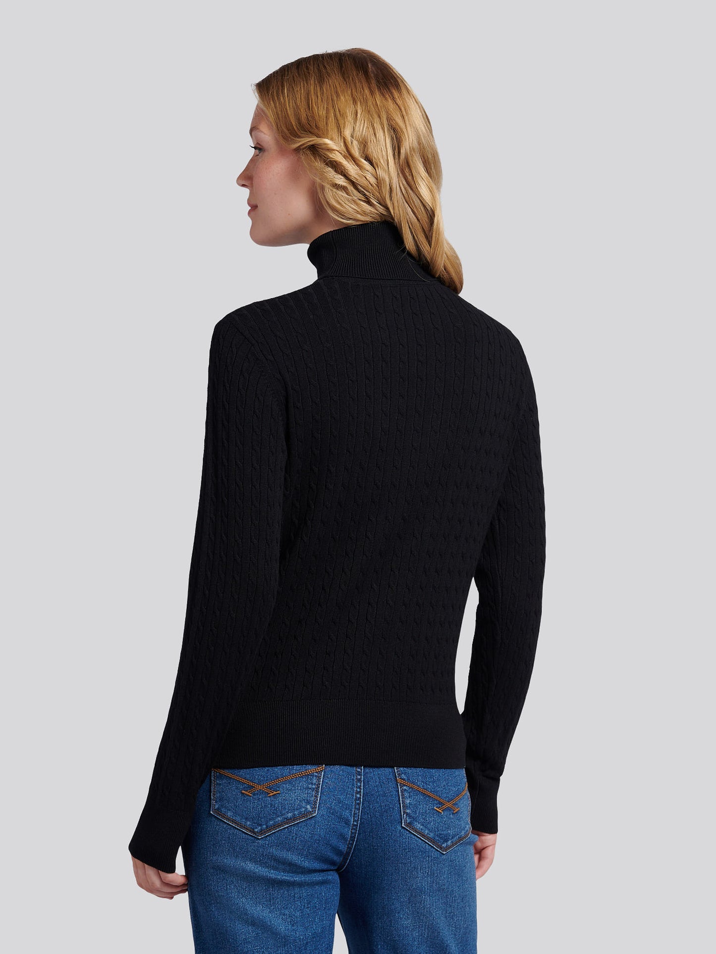 Womens Fine Cable Roll Neck Jumper in Black