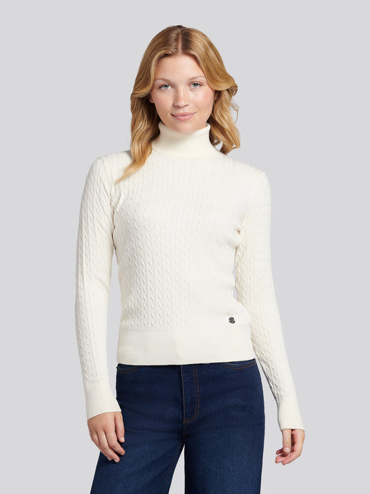 Womens Fine Cable Roll Neck Jumper in Egret