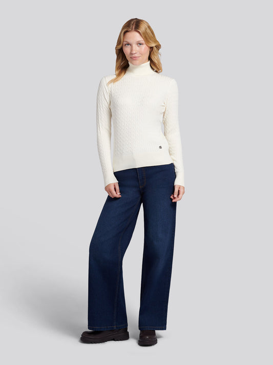 Womens Fine Cable Roll Neck Jumper in Egret