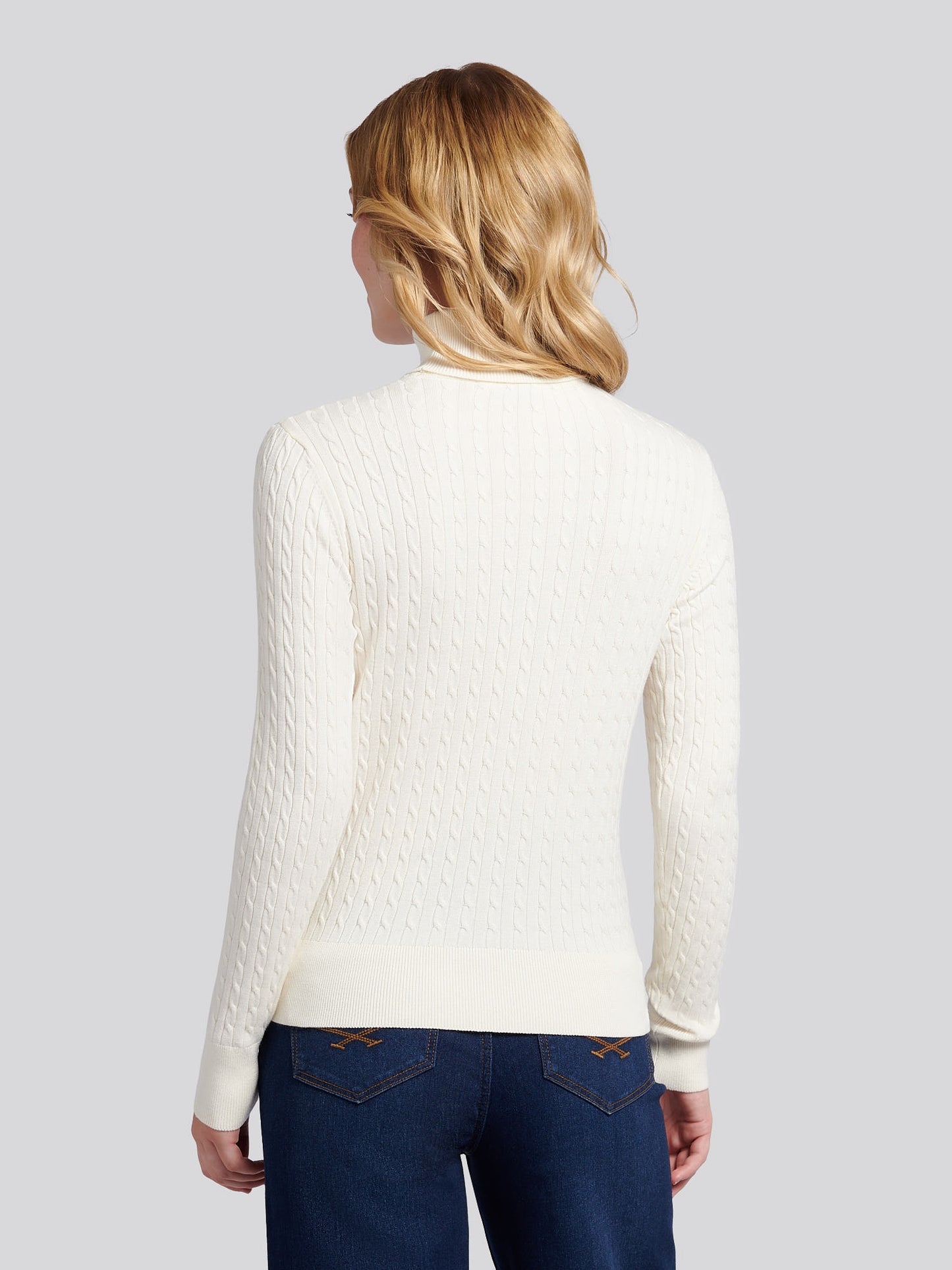 Womens Fine Cable Roll Neck Jumper in Egret