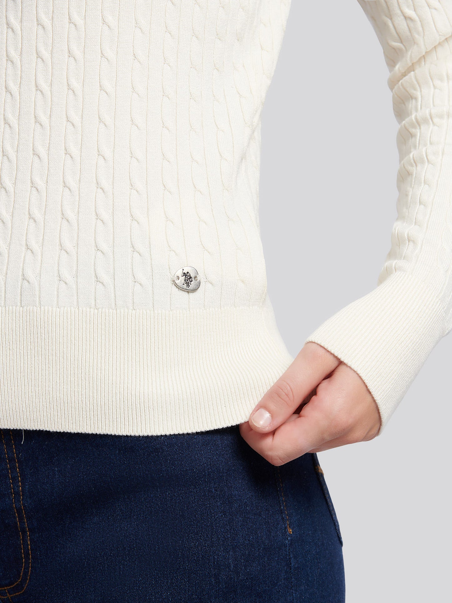 Womens Fine Cable Roll Neck Jumper in Egret