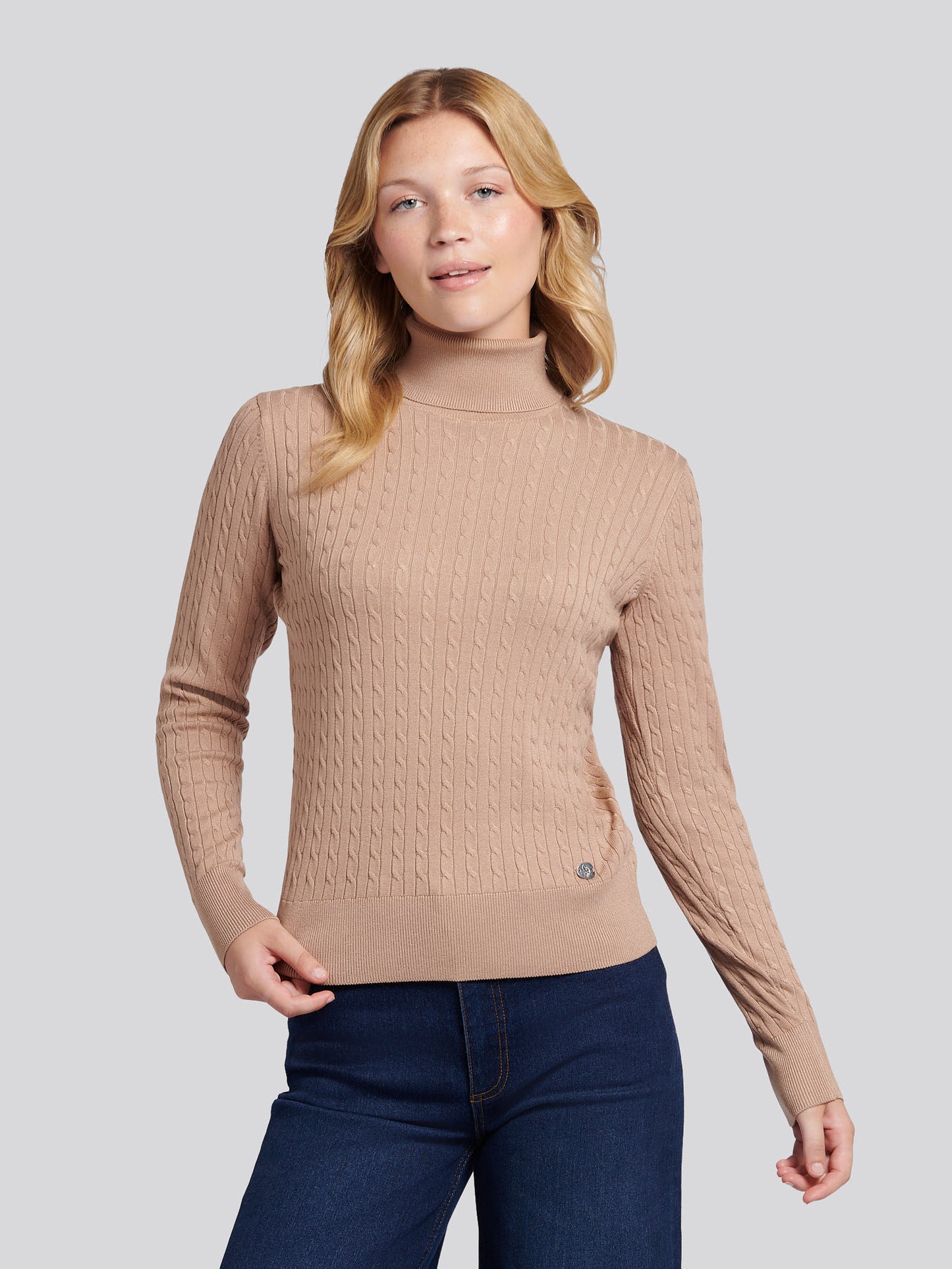 Womens Fine Cable Roll Neck Jumper in Natural