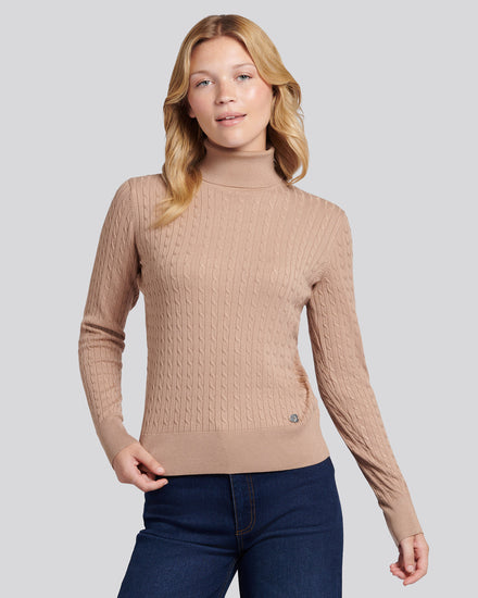 Womens Fine Cable Roll Neck Jumper in Natural
