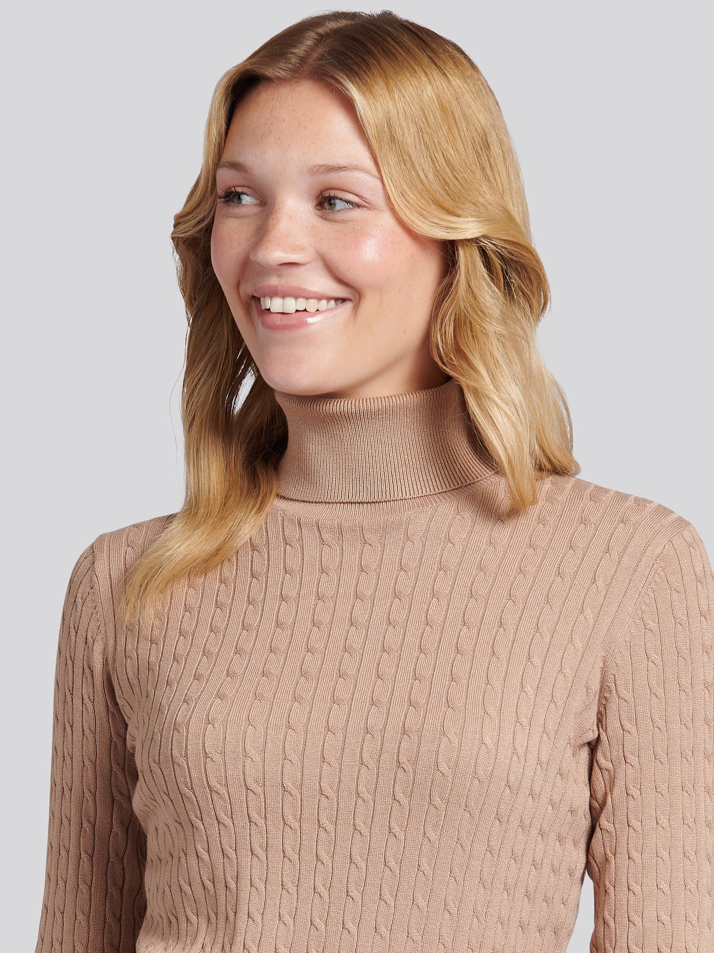 Womens Fine Cable Roll Neck Jumper in Natural