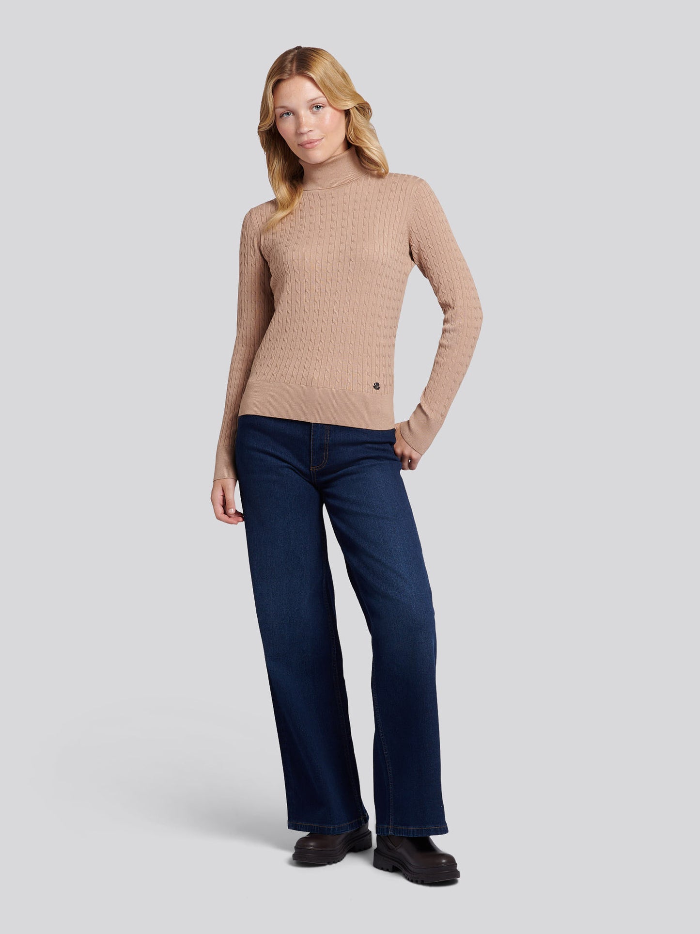 Womens Fine Cable Roll Neck Jumper in Natural