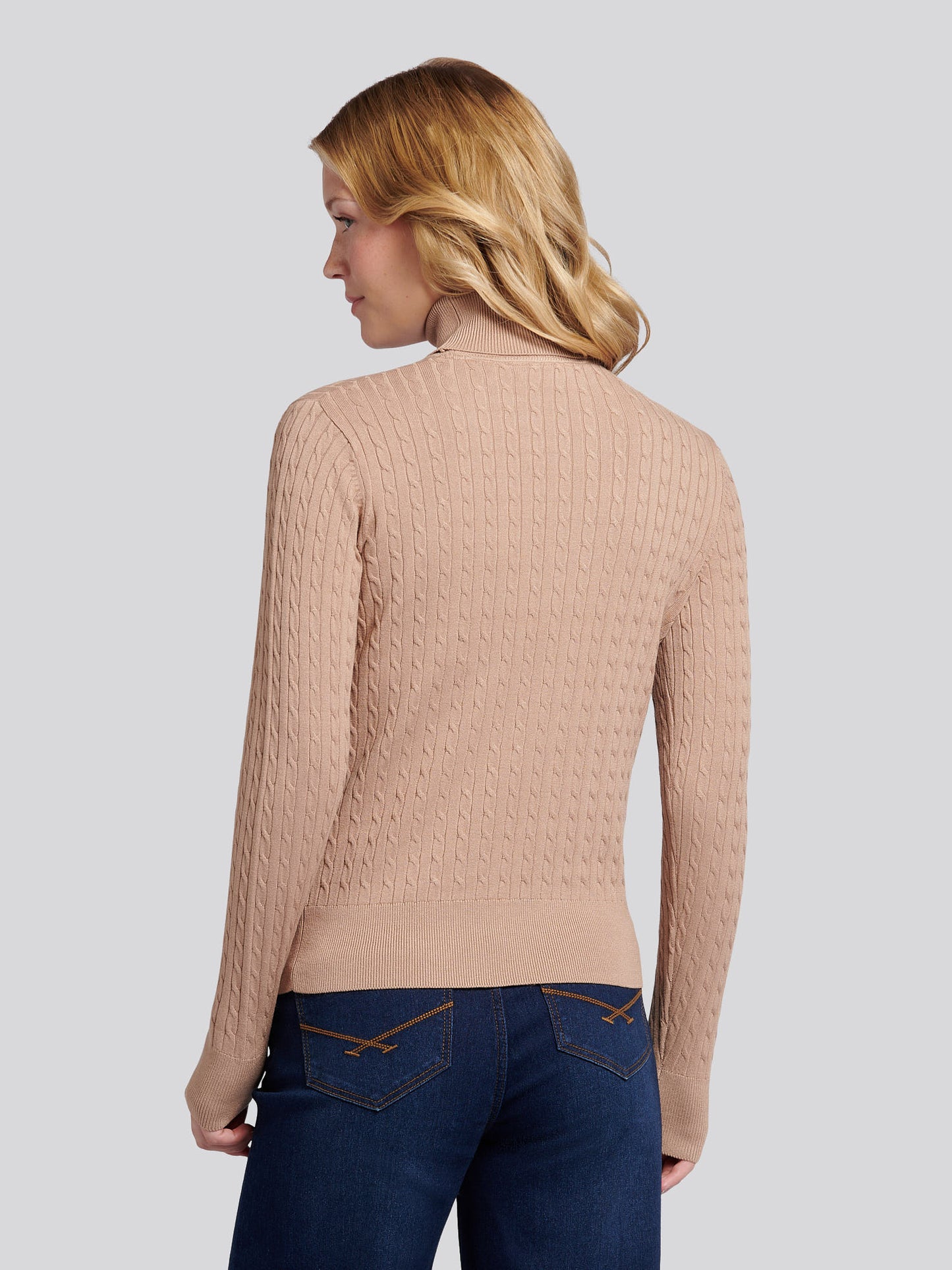 Womens Fine Cable Roll Neck Jumper in Natural