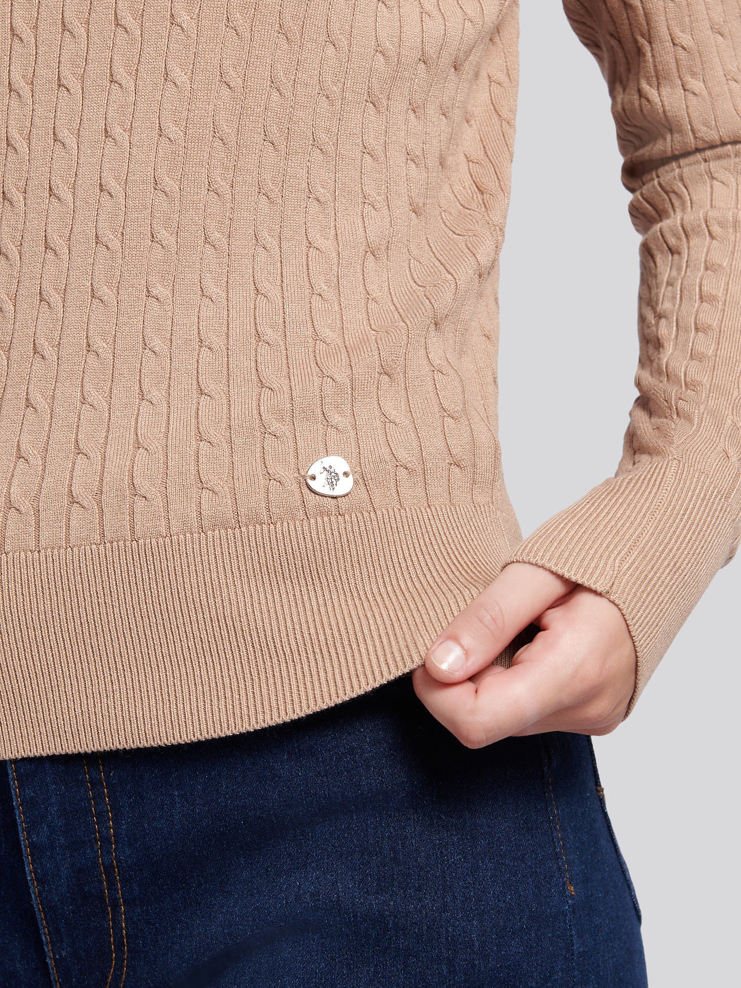 Womens Fine Cable Roll Neck Jumper in Natural