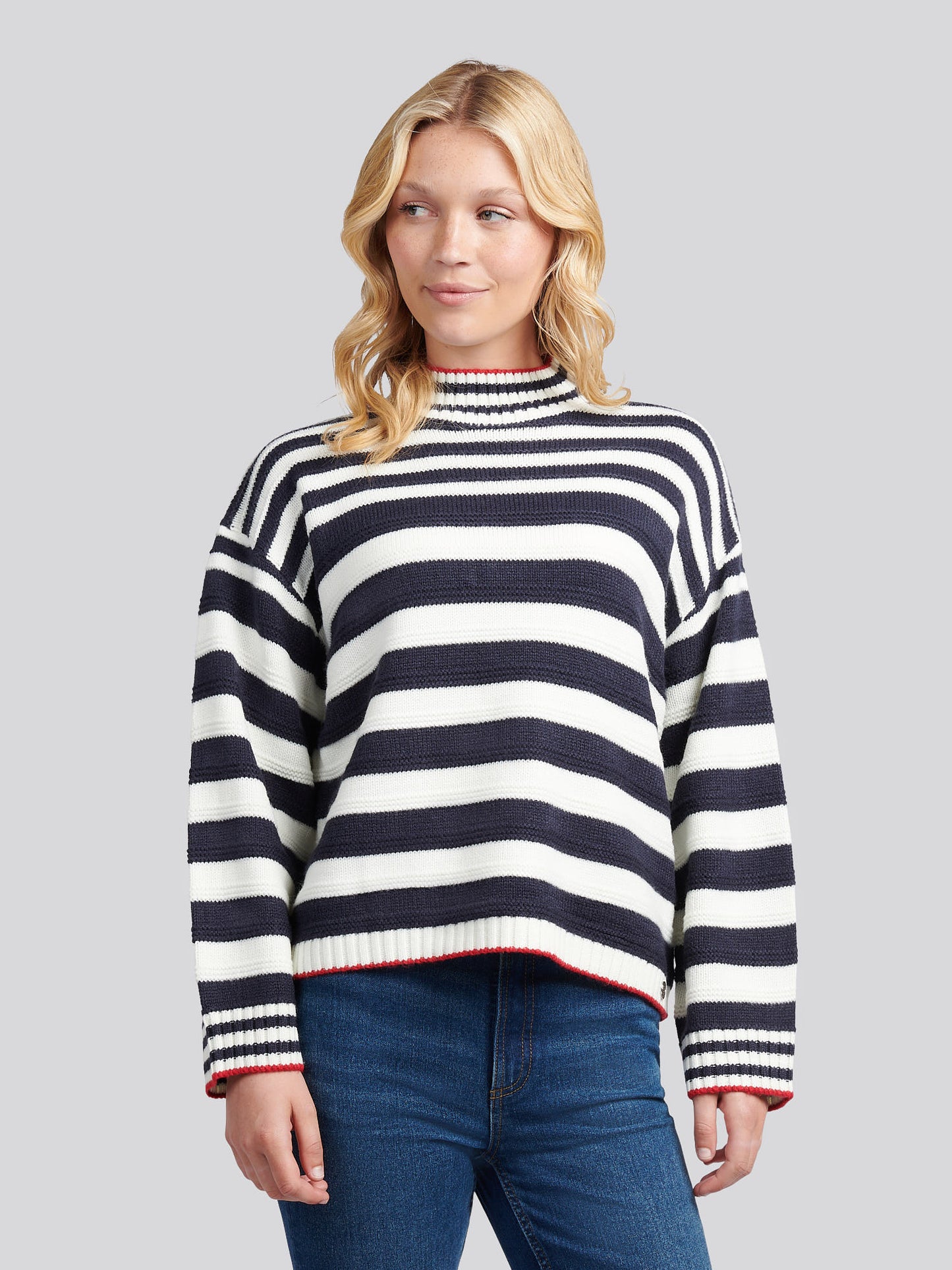 Womens Textured Stripe Mock Neck Jumper in Marshmallow