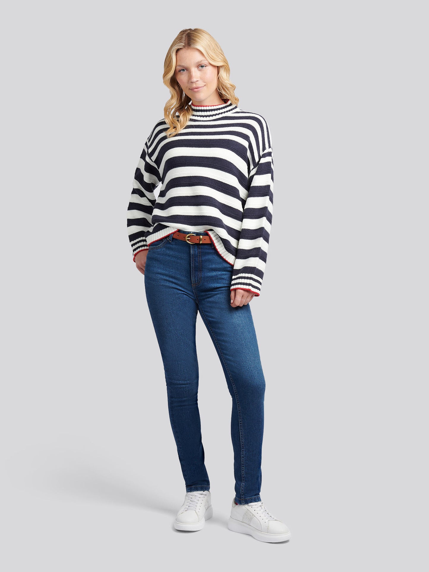 Womens Textured Stripe Mock Neck Jumper in Marshmallow