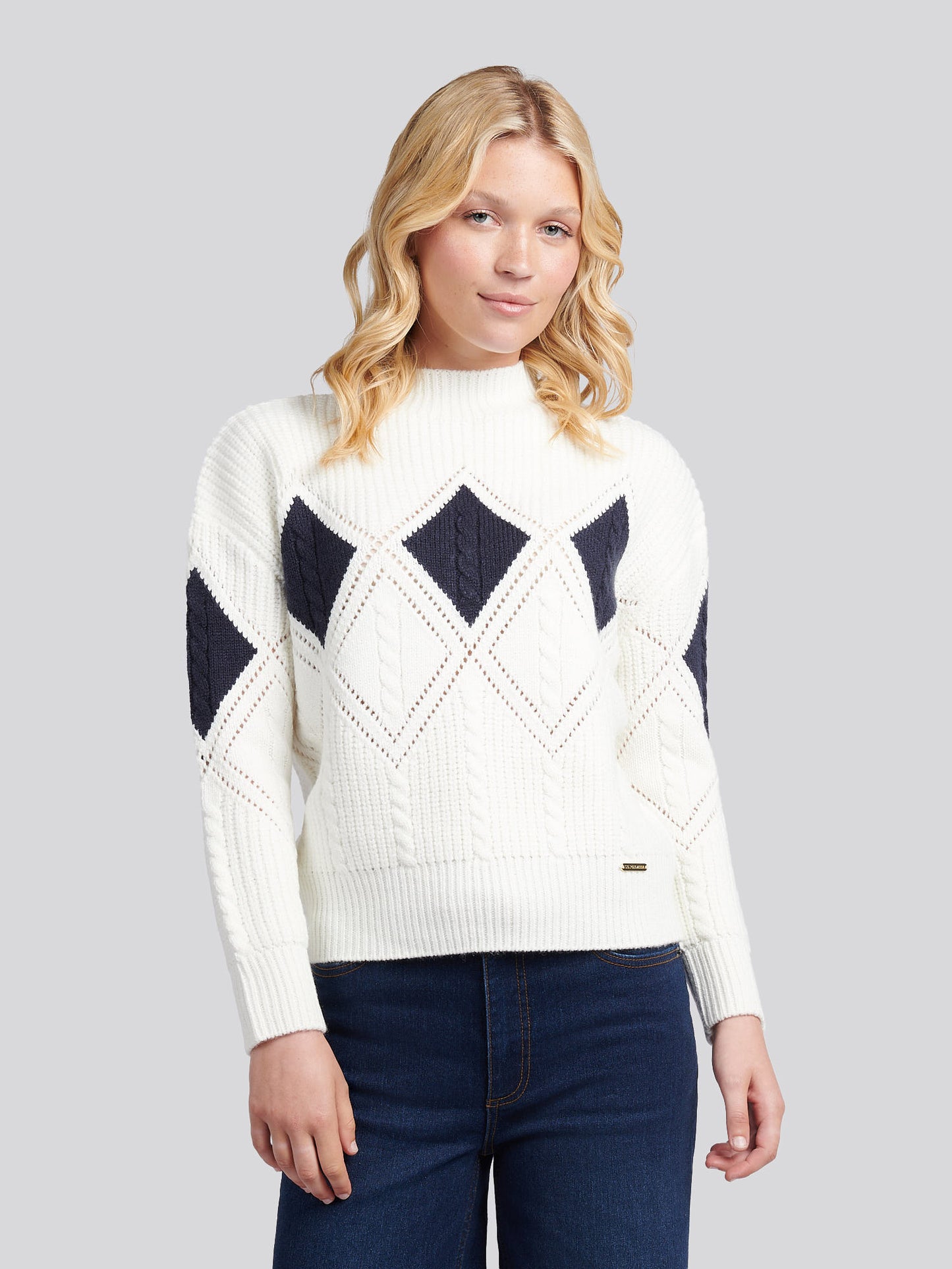 Womens Cable Argyle Mock Neck Jumper in Egret