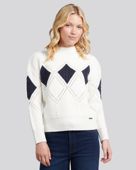 Womens Cable Argyle Mock Neck Jumper in Egret