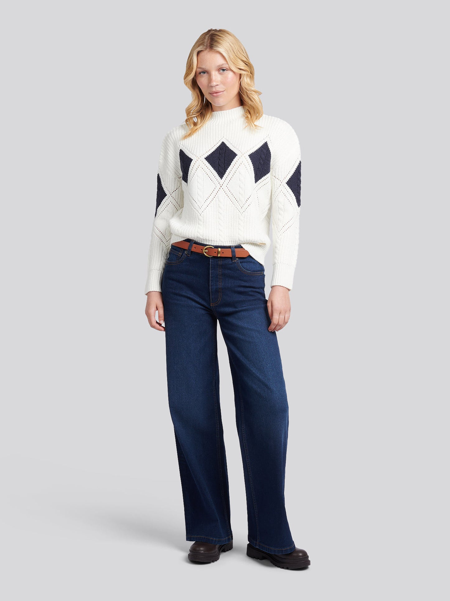 Womens Cable Argyle Mock Neck Jumper in Egret
