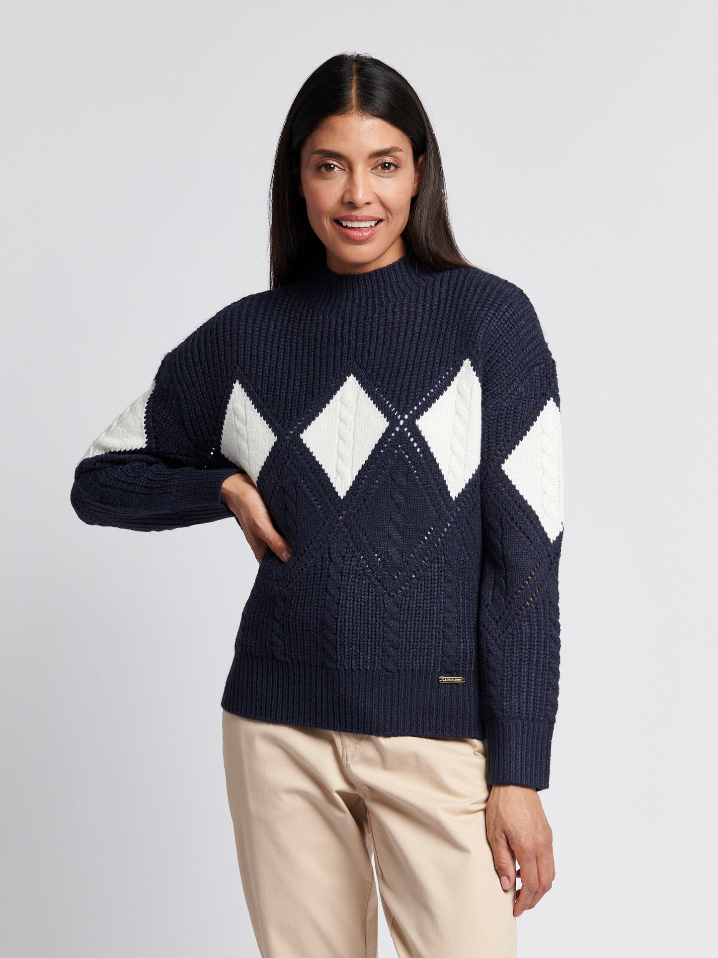 Womens Cable Argyle Mock Neck Jumper in Navy Iris