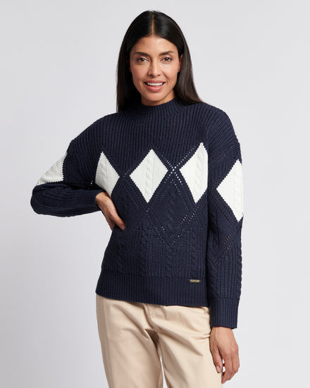 Womens Cable Argyle Mock Neck Jumper in Navy Iris