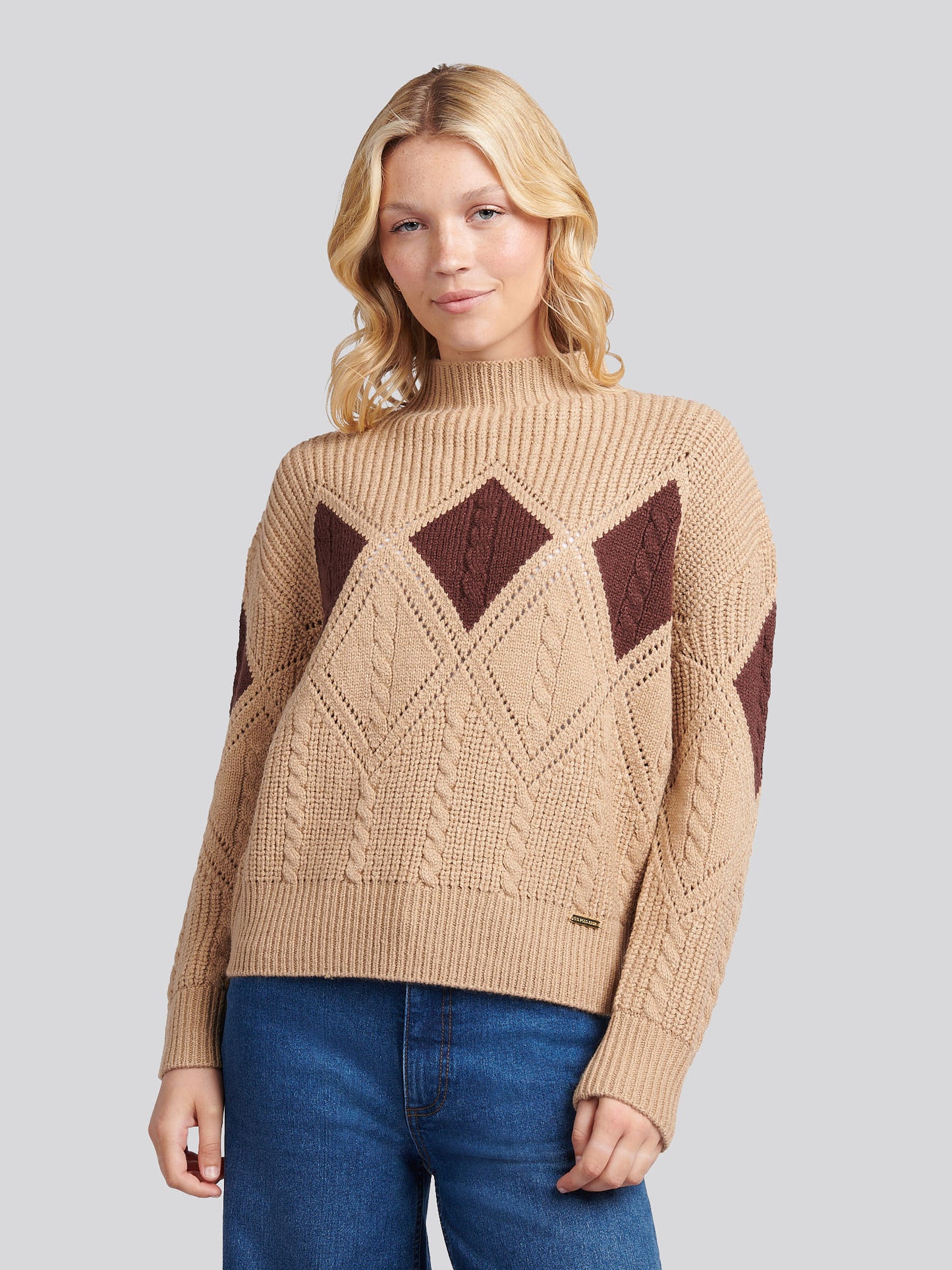 Womens Cable Argyle Mock Neck Jumper in Natural