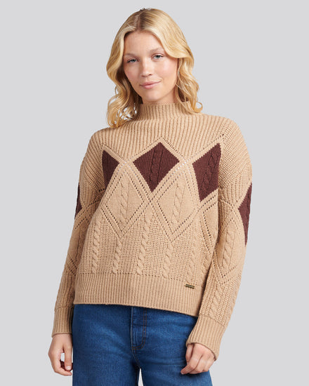 Womens Cable Argyle Mock Neck Jumper in Natural