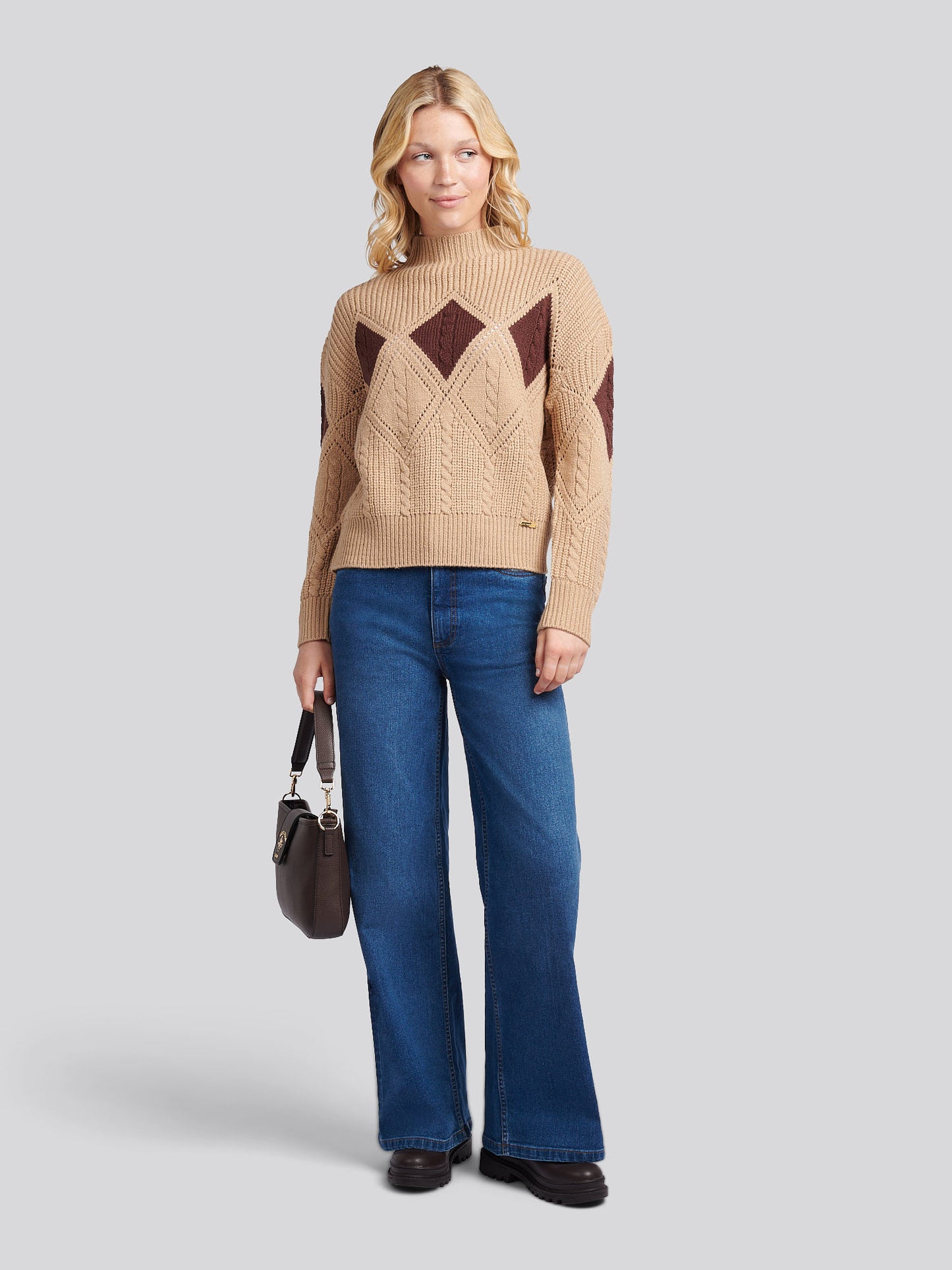 Womens Cable Argyle Mock Neck Jumper in Natural