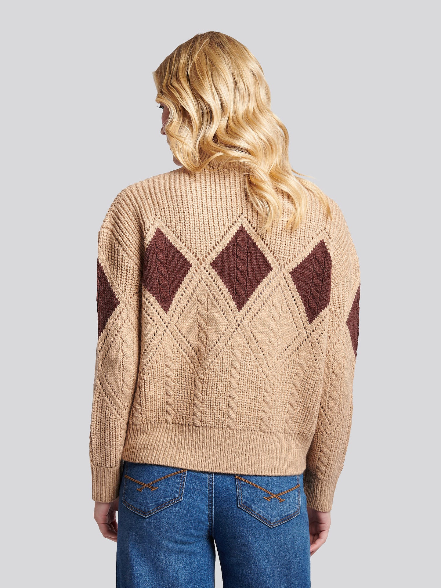 Womens Cable Argyle Mock Neck Jumper in Natural