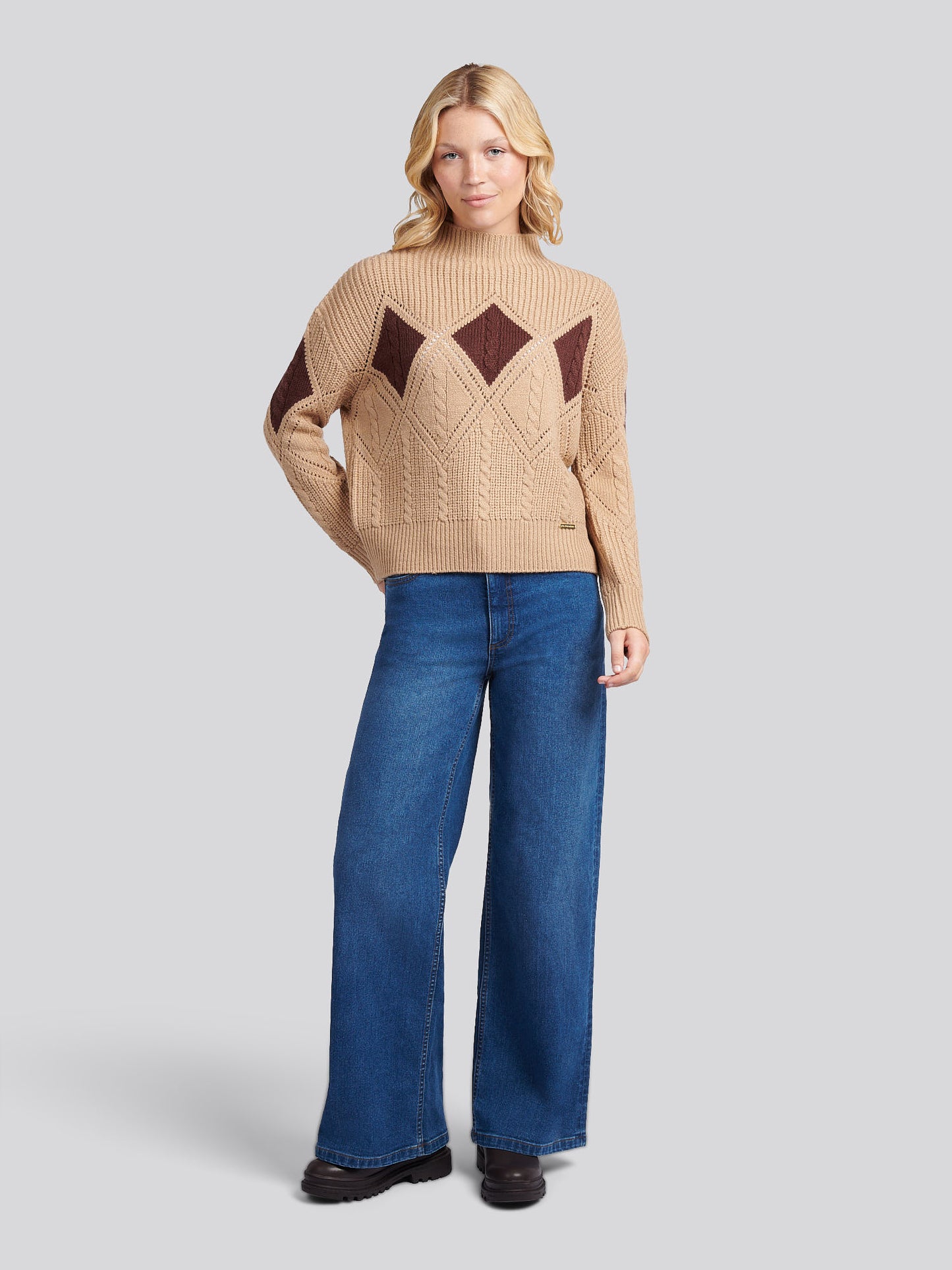 Womens Cable Argyle Mock Neck Jumper in Natural