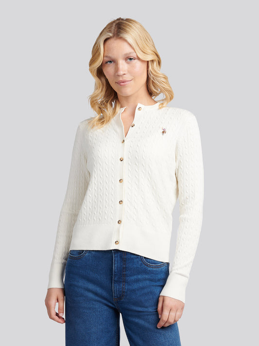 Womens Fine Cable Knit Cardigan in Marshmallow