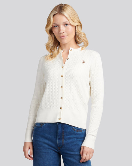 Womens Fine Cable Knit Cardigan in Marshmallow