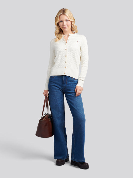 Womens Fine Cable Knit Cardigan in Marshmallow