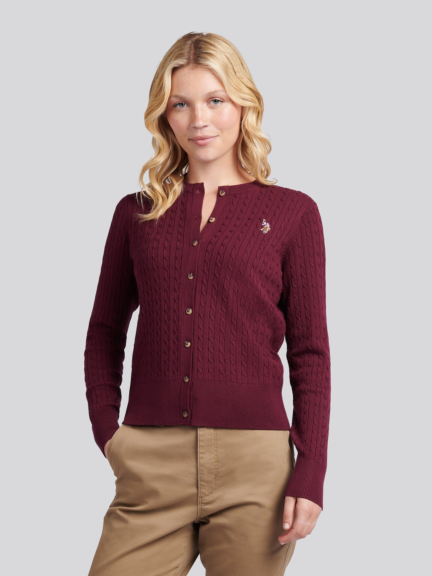 Womens Fine Cable Knit Cardigan in Fig