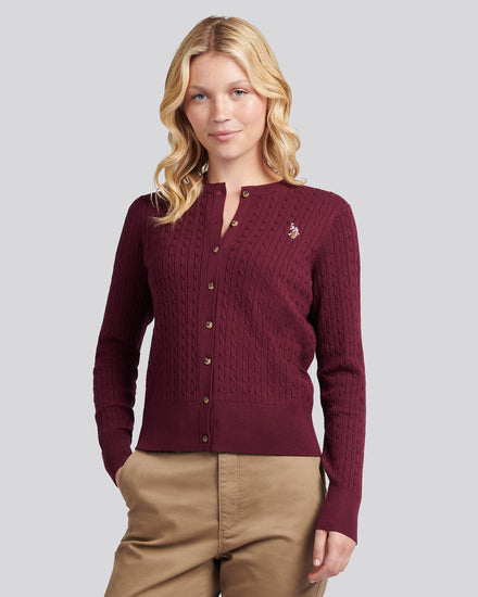 Womens Fine Cable Knit Cardigan in Fig