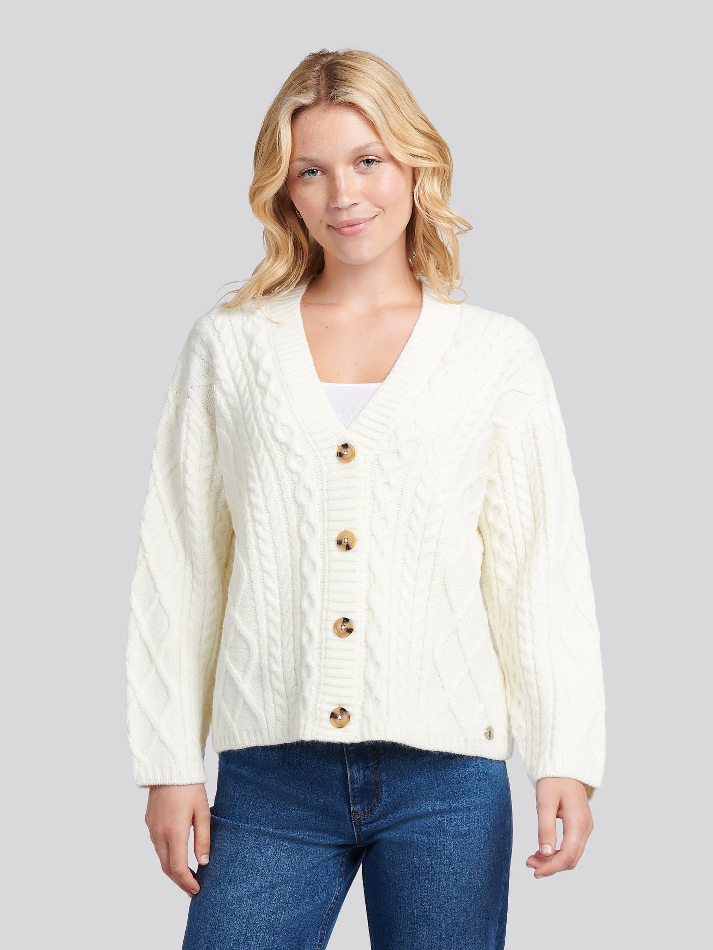 Womens Aran Cable Cardigan in Marshmallow