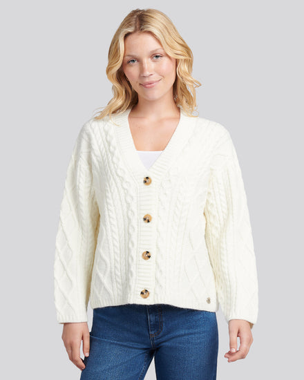 Womens Aran Cable Cardigan in Marshmallow