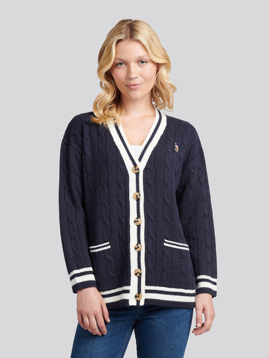 Womens Longline Cable Cardigan in Navy Iris
