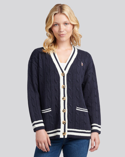 Womens Longline Cable Cardigan in Navy Iris