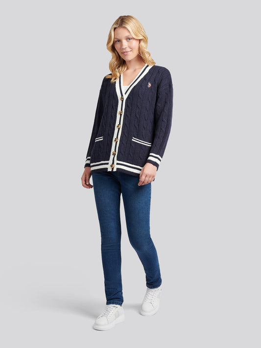 Womens Longline Cable Cardigan in Navy Iris