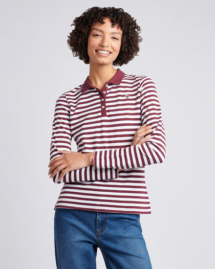 Womens Long Sleeve Stripe Contrast Collar Polo Shirt in Fig