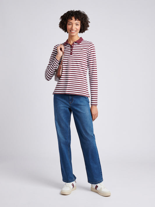 Womens Long Sleeve Stripe Contrast Collar Polo Shirt in Fig