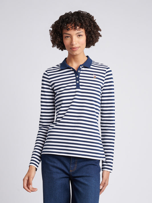 Womens Long Sleeve Stripe Contrast Collar Polo Shirt in Navy Iris