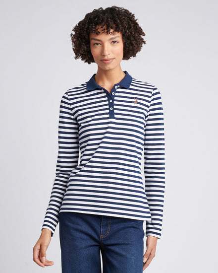 Womens Long Sleeve Stripe Contrast Collar Polo Shirt in Navy Iris
